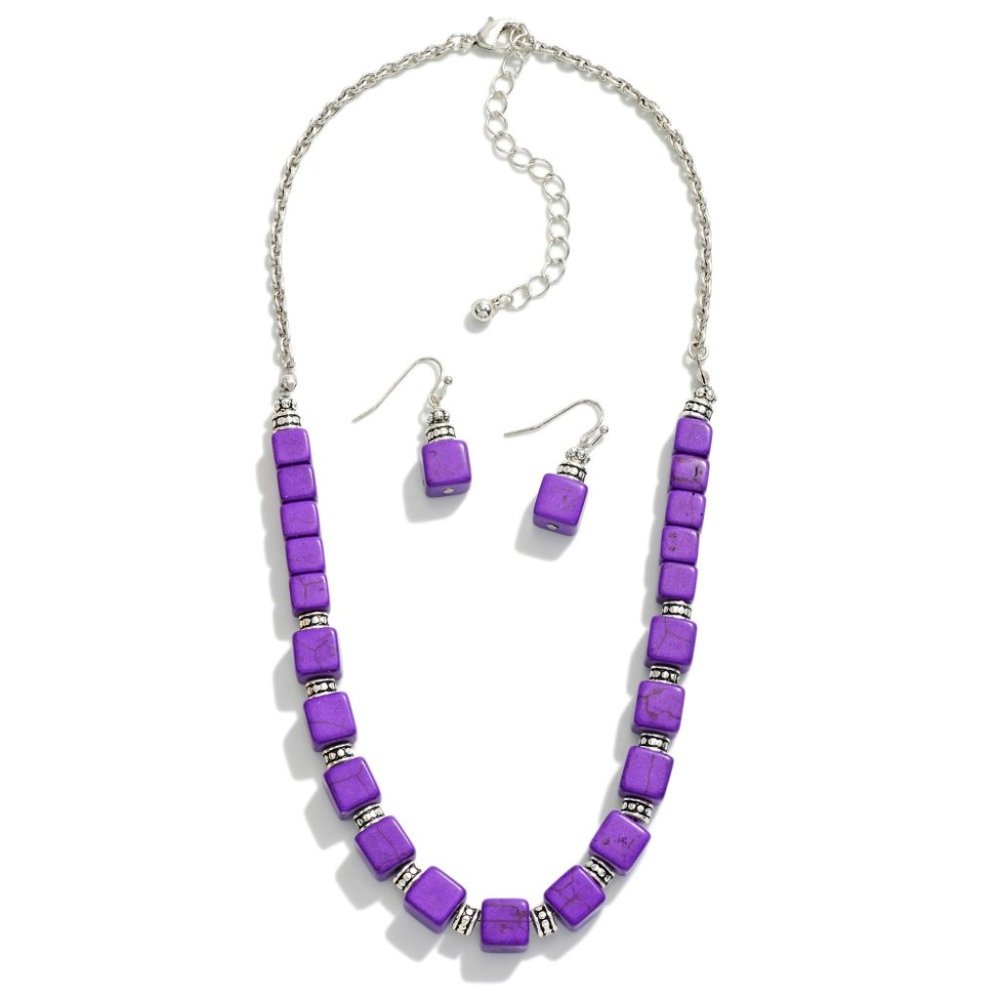 Purple Natural Stone Western Boho Silver Dipped Cowgirl Necklace Earrings SET